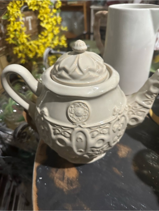 Other - Decorative Cream Ceramic Teapot with Ornate Relief Design